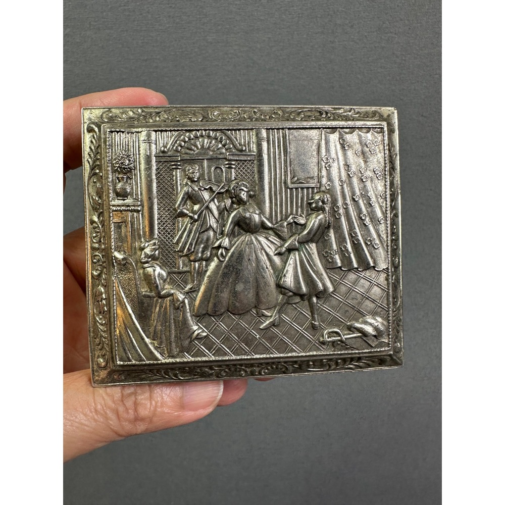 Vintage Japan Silver Tone Repousse Trinket Box Classical Ballroom Dance Scene